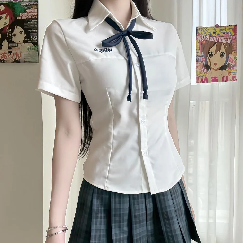 Kemeja Seragam Sekolah JK Serbaguna Warna Putih Susu Gaya Akademi Jepang, Atasan Pelajar Wanita Musim Panas untuk Pakaian Kasual Harian di Kampus.
