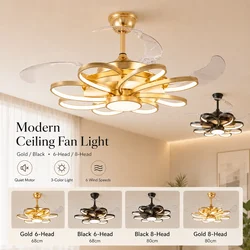 Modern LED Ceiling Fan Light with Remote Control 3-Color Gold Black 6/8 Head Retractable Fan Lamp for Bedroom Dining Room