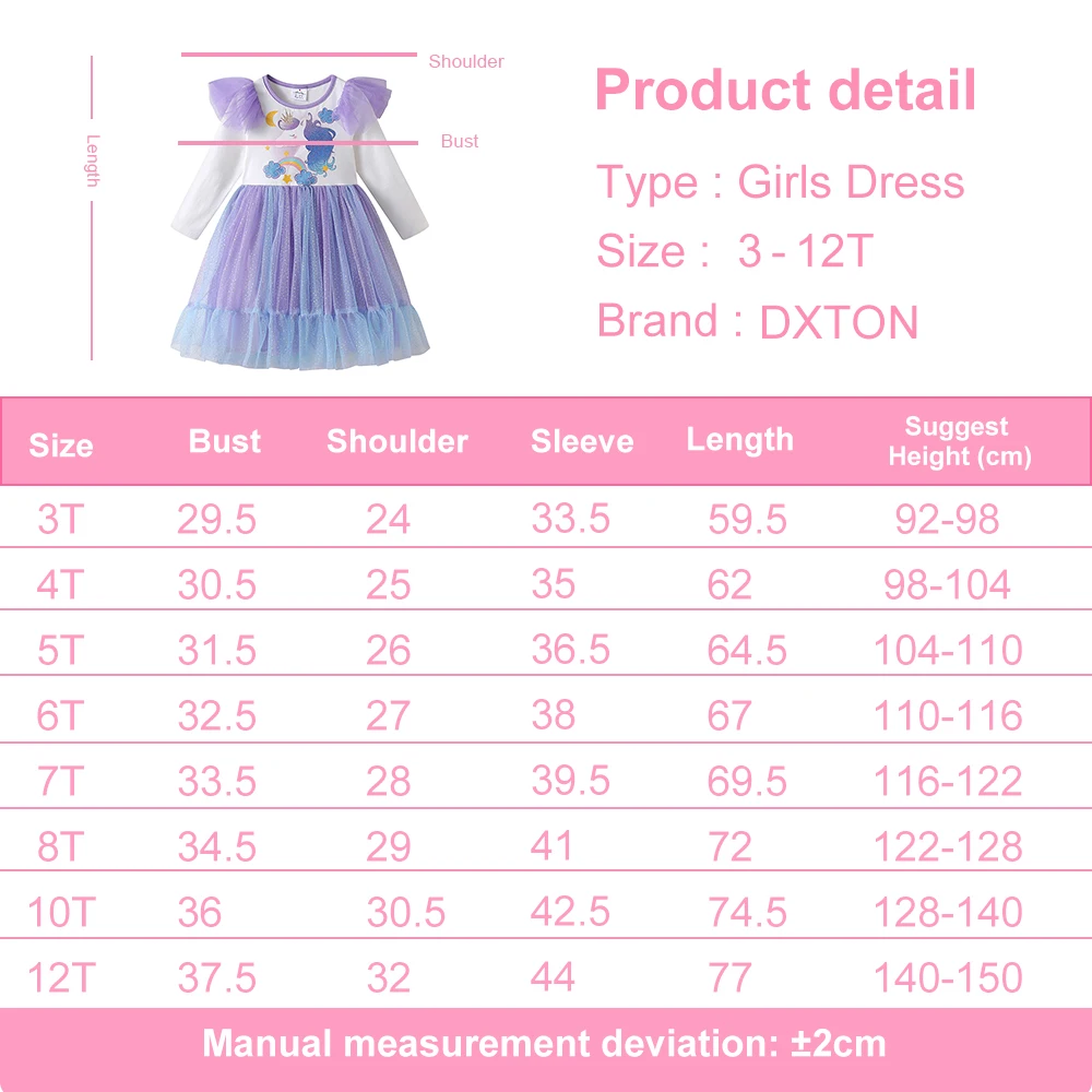 DXTON Kleinkind Kinder Baumwollkleider Einhorn Kinder Mädchen Rüschenkleid Baumwollnetz Mädchen Herbstkleidung Kleinkind Partykostüme – Detail 1