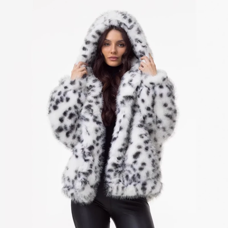Faux Fur Women Mid Length Coats Jackets Hooded Leopard Print Coat Thick Warm Y2k Streetwear Jacket Elegant Work Autumn Winter