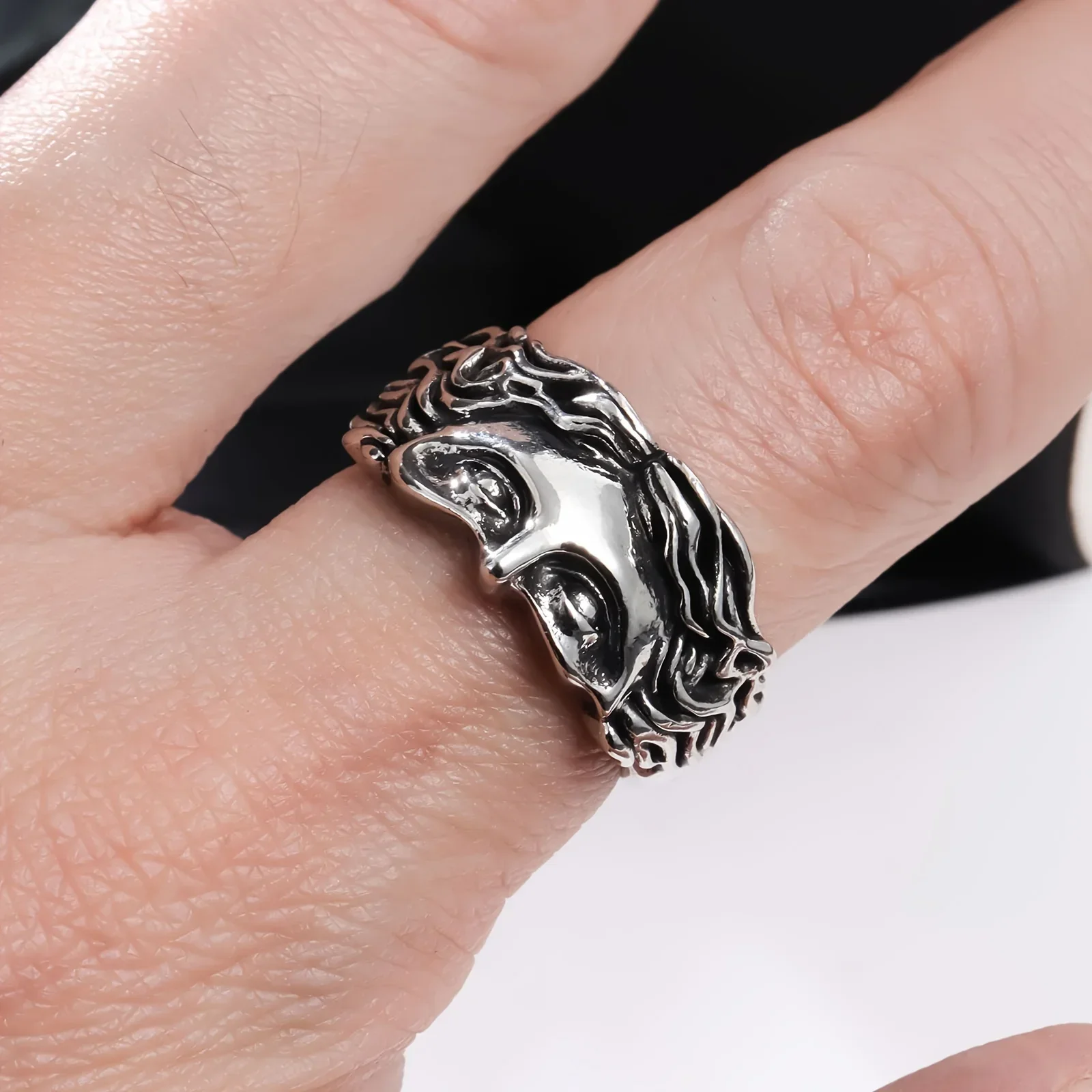 Vintage Gold Color Jesus Half Face Open Ring for Men Women Retro Religious Belief Jewelry Pure Copper Finger Rings Bands Gifts