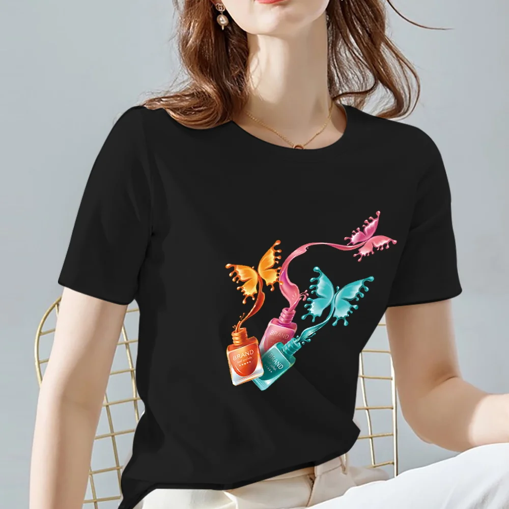 Women T-Shirt Black Classic All-match Ladies Tops O-Neck Fashion Butterfly Pattern Series Short Sleeve Tee Women's Clothing