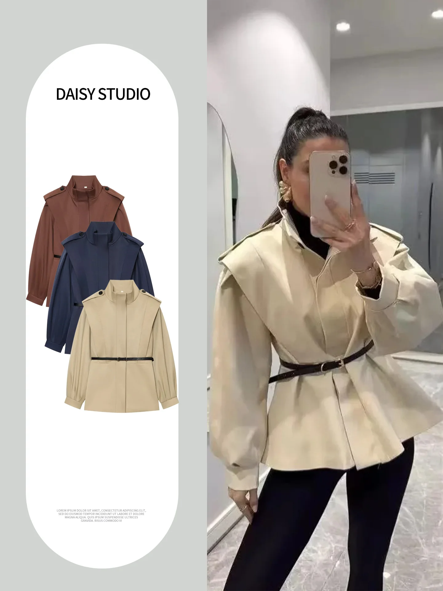Fall New Women's Stand Collar Long Sleeve Single Button Pleated Decorative Belted Short Length Coat Jacket Polyester Fiber