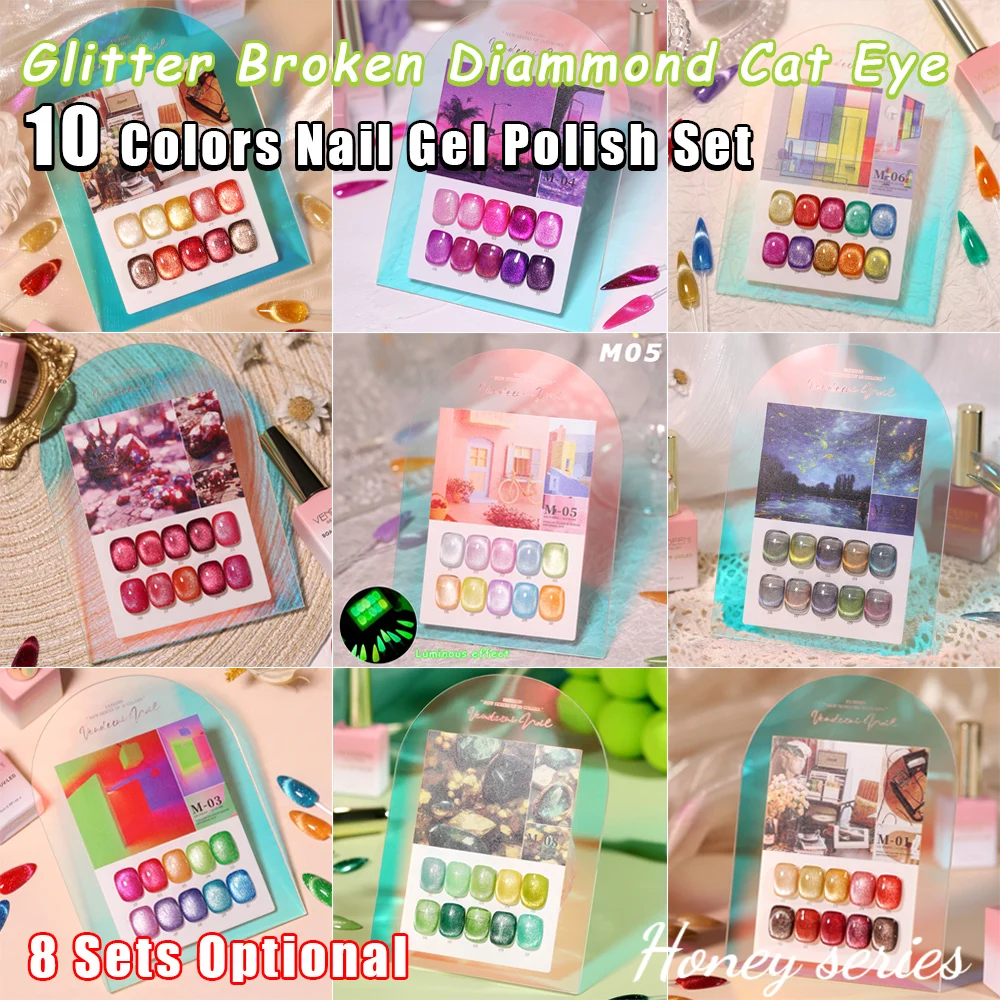 

Набор гель-лаков Vendeeni 10 цветов с эффектом «кошачий глаз» и блестками, магнитный УФ/LED гель-лак с эффектом «кошачий глаз» и дисплеем