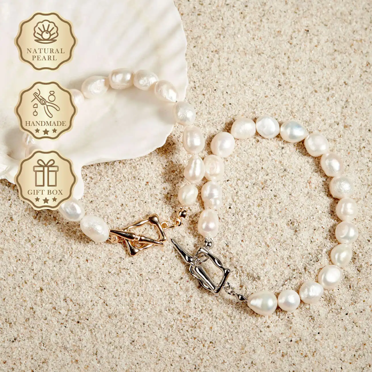 

MYSOYA White Baroque Freshwater Pearl Bracelet 8–9mm with Gold & Silver Square Clasp, Gift Box, Birthday & Anniversary Gift