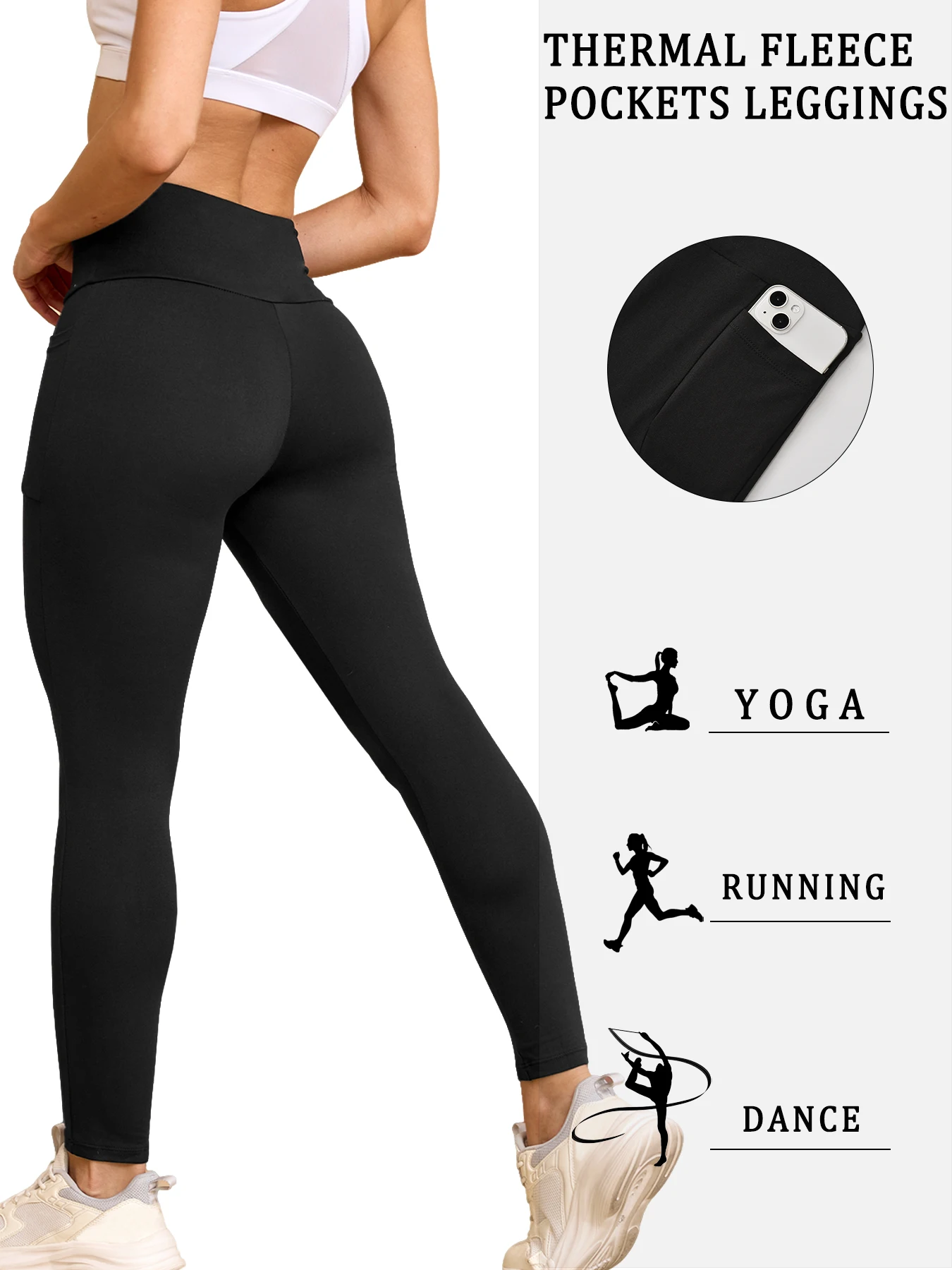 Paquete de 5 mallas térmicas con forro polar para mujer, cintura alta, con bolsillos, entrenamiento, invierno, medias gruesas cálidas, pantalones suaves para correr y Yoga