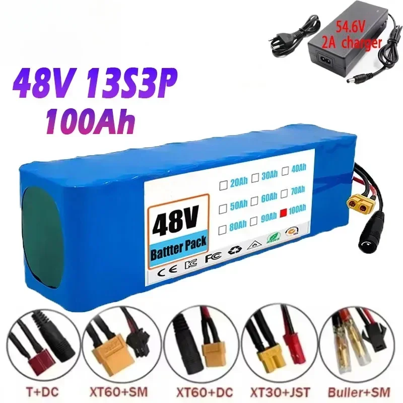Pacco batteria agli ioni di litio originale 13S3P 48V 100000mAh 100Ah con BMS da 1000W, batteria al litio 18650 54.6V 100ah