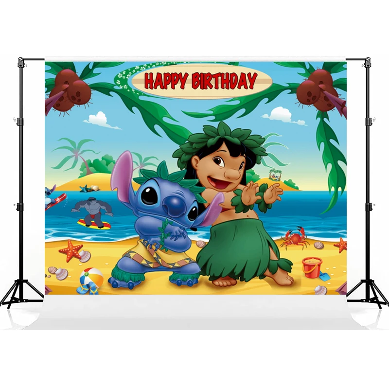 1set Cartoon Lilo&Stitch Theme Party Backdrops Kids Birthday Party Photo Decoration Photography Ocean Flower Background Decor