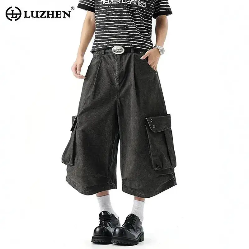 LUZHEN 2026 Summer New Multi Big Pockets Design Baggy Cargo Cropped Trousers Men's Trendy Handsome Straight Shorts Jeans JY7972