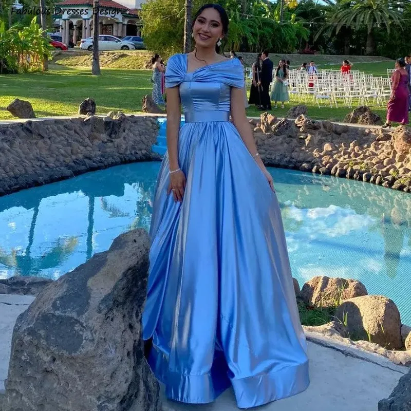

Formal A-line Long Bridesmaid Dresses Cap Sleeve Backless Light Blue Wedding Guest Dress For Women Elegant Prom Party Gown