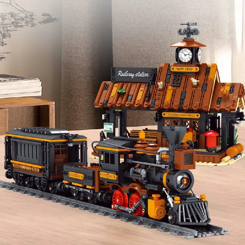 Cowboys estação ferroviária casa blocos de construção modulares cidade americana vista arquitetura tijolo modelo kit adultos presente do miúdo 2640 pçs