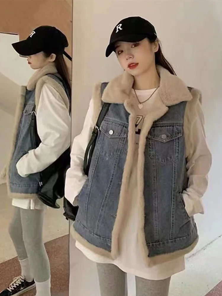 

Women's Sherril Lined Denim Vest, Winter 2025 Thickened Puffer Sleeveless Coat, Oversized Korean Style Jacket