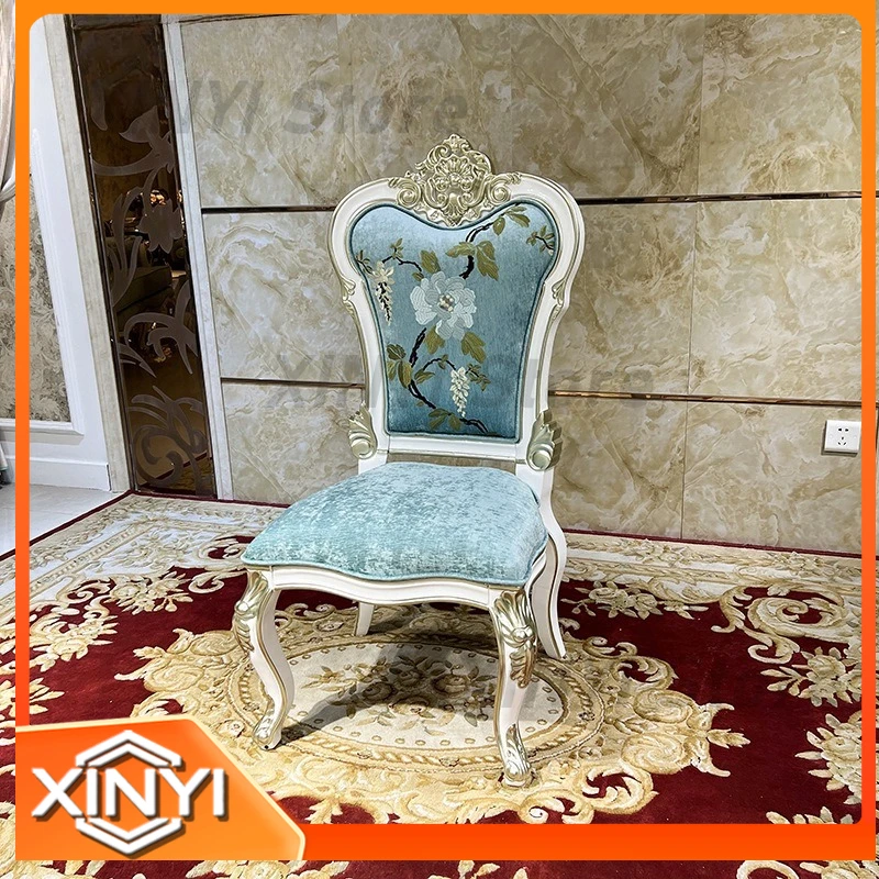 Embroidered Fabric Upholstery Dining Chair with Solid Wood Carved Frame for European Style Home Use