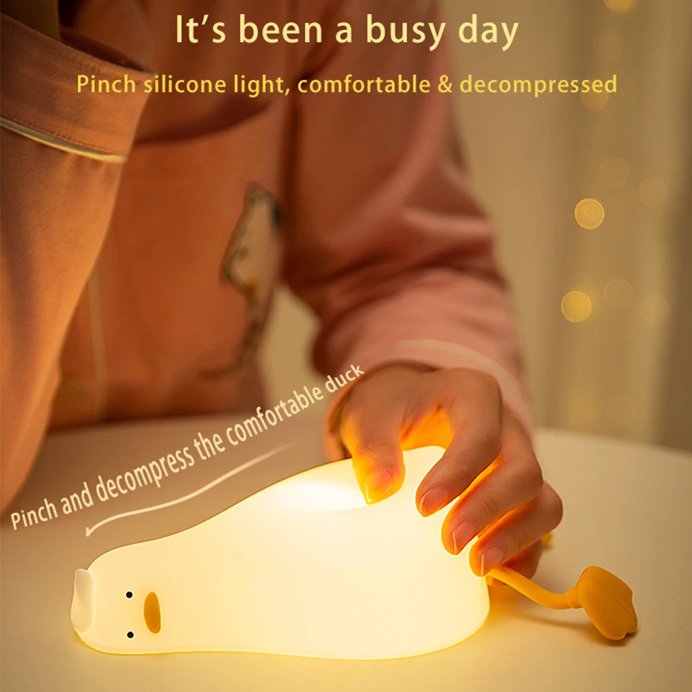 Lying Flat Duck Flipping Duck Silicone Night Light for Pressure Relief Night Charging Bedside Sleeping Night Light Phone Holder