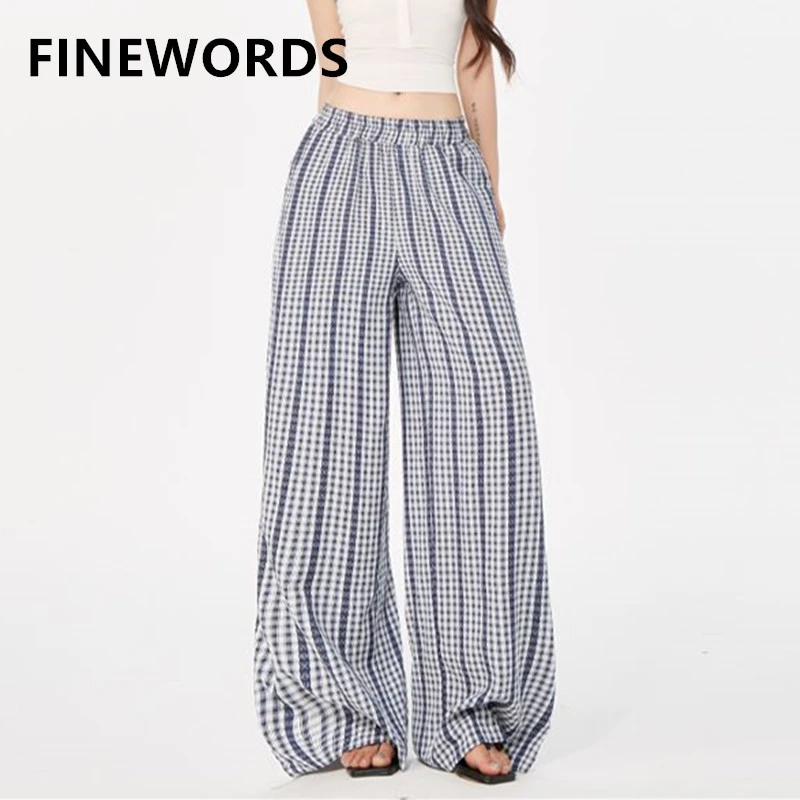 

FINEWORDS Vintage Casual Wide Leg Pants Women Streetwear Easymatch Plaid Baggy Pants Full Length High Waist Loose Korean Pants