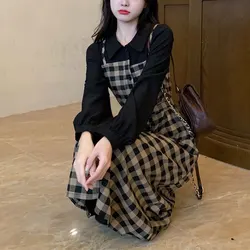 Vintage Plaid Patchwork Midi Dress Women's Clothing Fake Two Pieces Spring Autumn New Lapel Stylish Bandage A-Line Waist Dresses