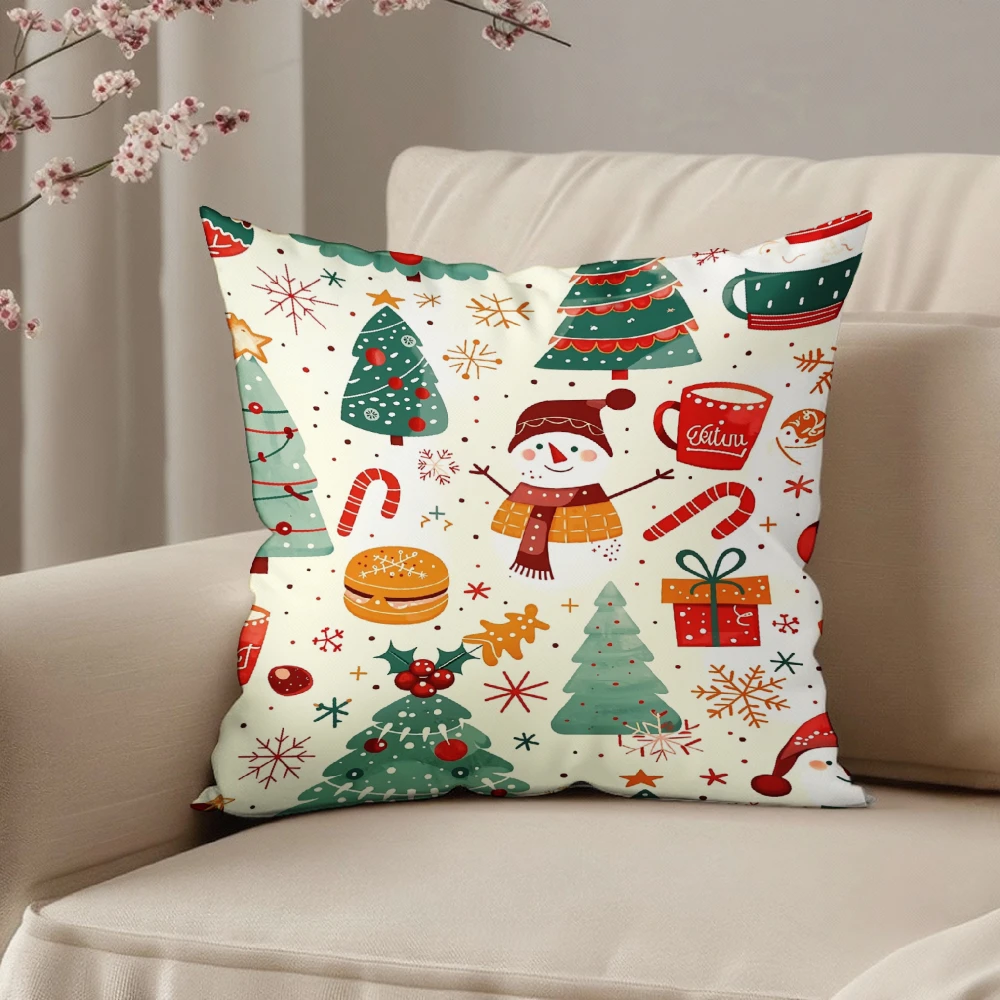 Square Throw Pillow Cover Cream White Christmas Tree Snowman Candy Cane Gift Box Print For Living Room Sofa Bedroom Holiday Home