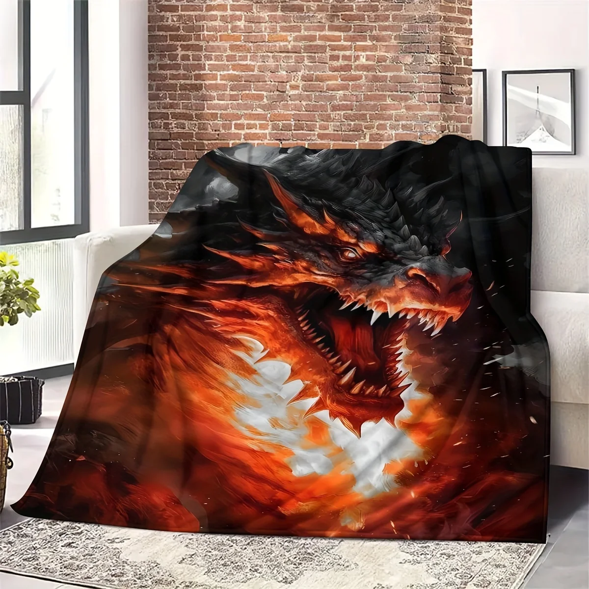 Cozy Fire Dragon Print Flannel Throw Blanket - Versatile for All Seasons, Perfect for Couch,, Office & Camping Gifts
