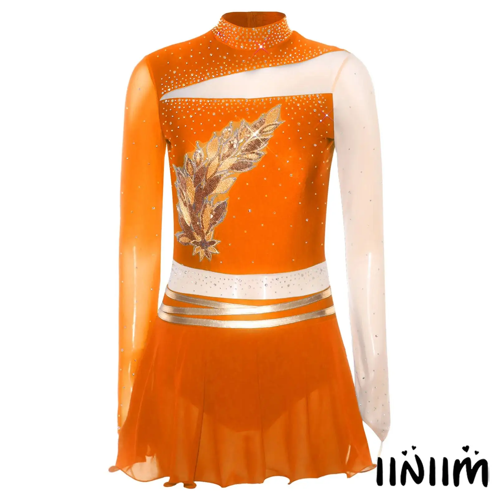 

Womens Lyrical Ballet Leotard Dress Embroidered Applique Rhinestones Long Sleeve Dresses Pro Gymnastics Ballet Latin Dance Dress