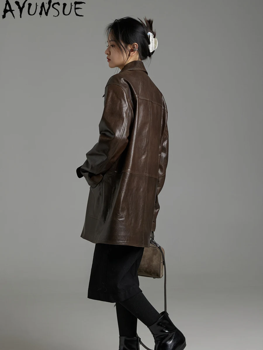 AYUNSUE Wysokiej Jakości Kurtka Damska z Prawdziwej Skóry Owczej 2025 Płaszcze Damskie Wiosenne Jesienne Ubrania Płaszcz Trencz Średniej Długości