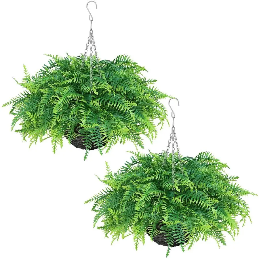 

Artificial Ferns Plants with Hanging Basket2 Set for Outdoor Decoration,Fake Boston Fern Hanging Planters Faux Greenery UV Resis