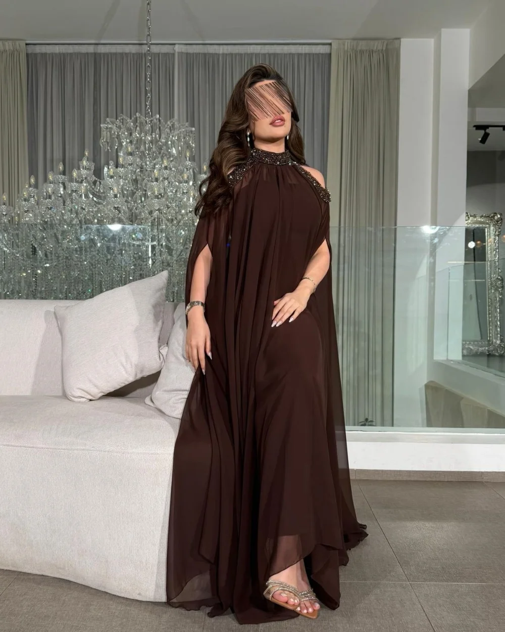 

Customized Brown Modern Style Chiffon Beading Sequined Pleat A-line High Collar Long Dresses Evening Dresses Sizes Available