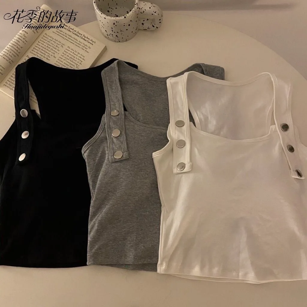 Girls' Summer New Vest Sleeveless Vest Shoulder Strap Hidden Buckle Design Fashionable Kids Short Vest