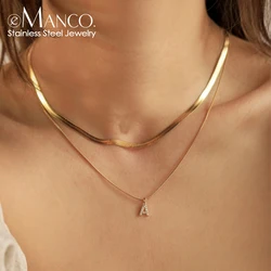 eManco 14K Gold Plated Herringbone Snake Chain Double Zirconia Letter Pendant Necklace Stainless Steel Jewelry Wholesale