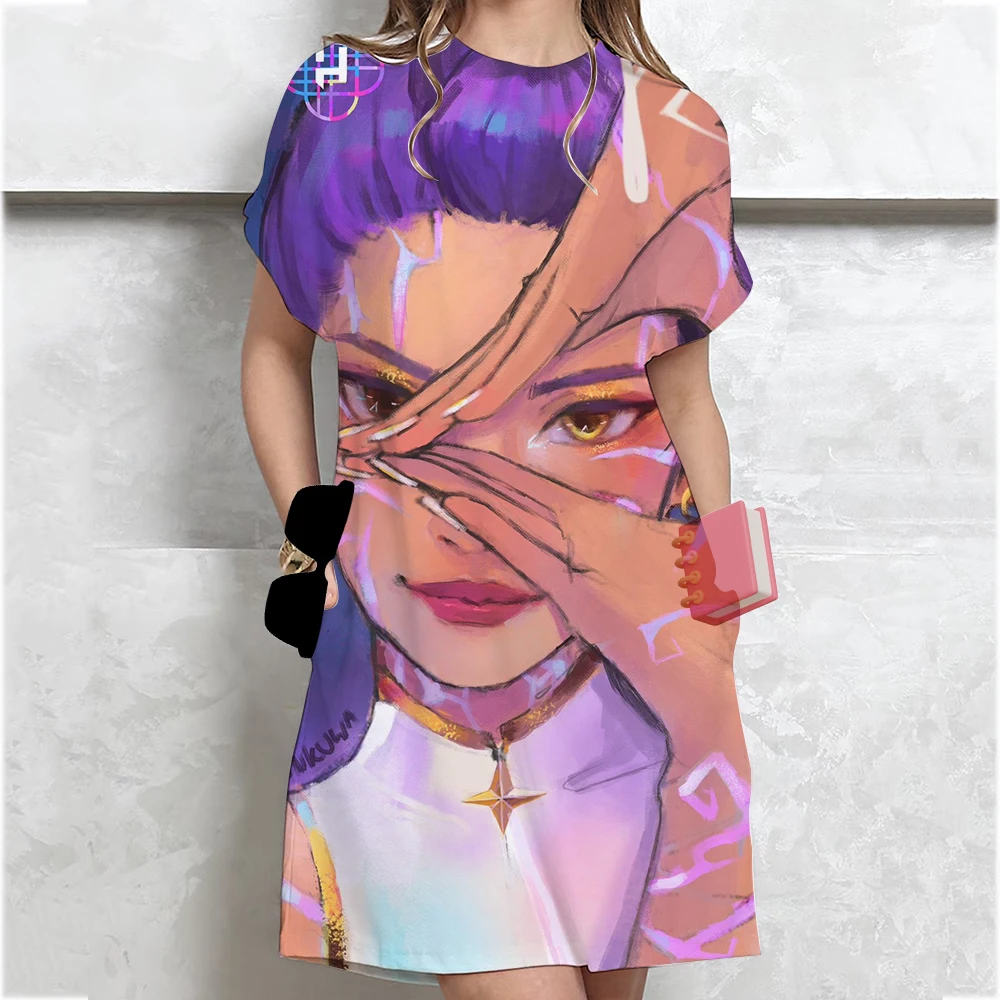 فستان Kpop Demon Hunters Huntrix للنساء فساتين نسائية غير رسمية مطبوعة بالورود أنيقة برقبة على شكل حرف v فضفاضة على شكل حرف a فستان شاطئ بوهو