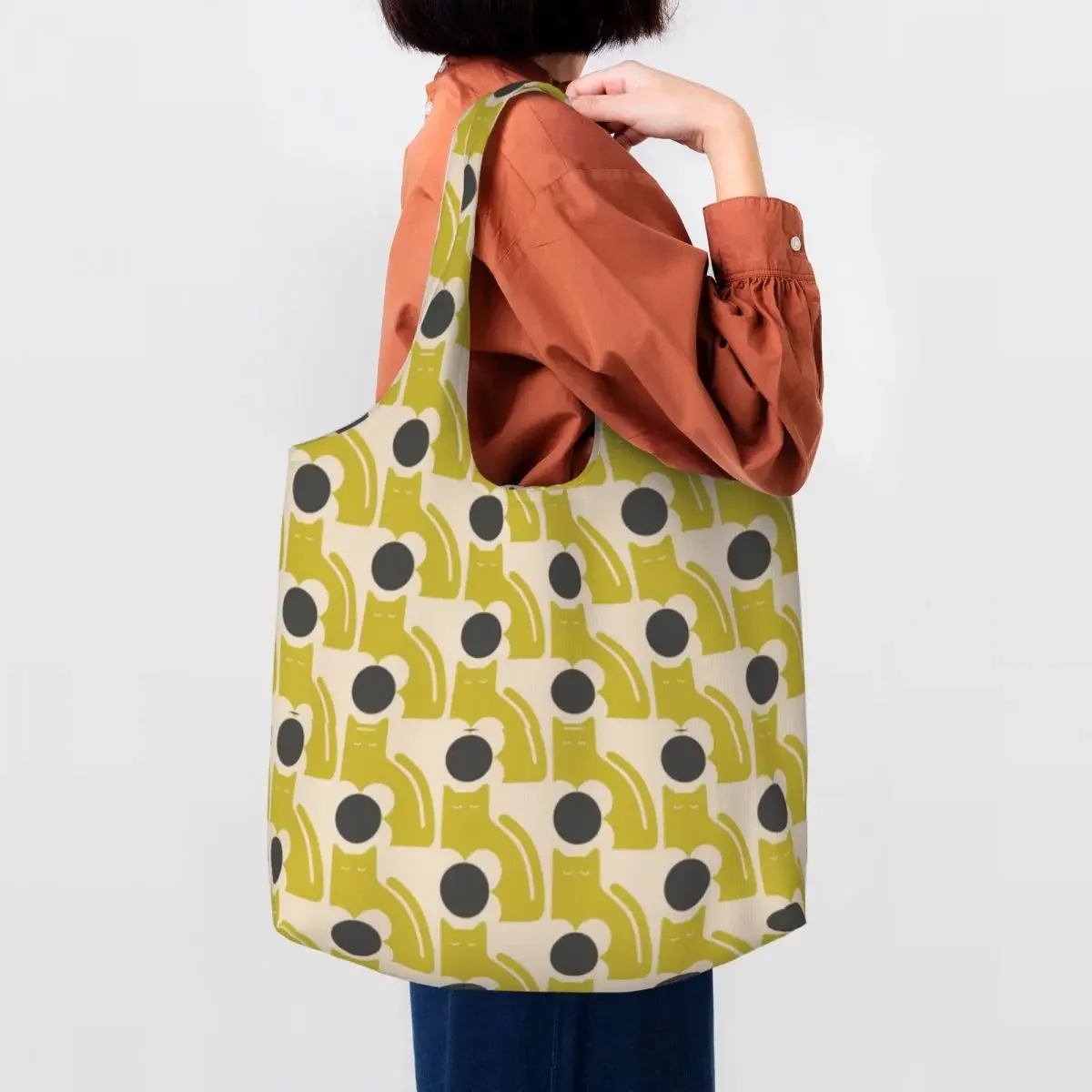 Custom Poppy Cat Orla Kiely Grocery Shopping Tote Bags Women Canvas Shoulder Shopper Bag Big Capacity Bag Photography Handbags