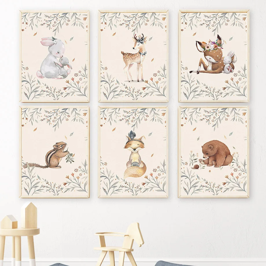 Deer Rabbit Fox Squirrel Bear Animals Nursery Wall Art Canvas Painting Nordic Posters And Prints Wall Pictures Kids Room Deco