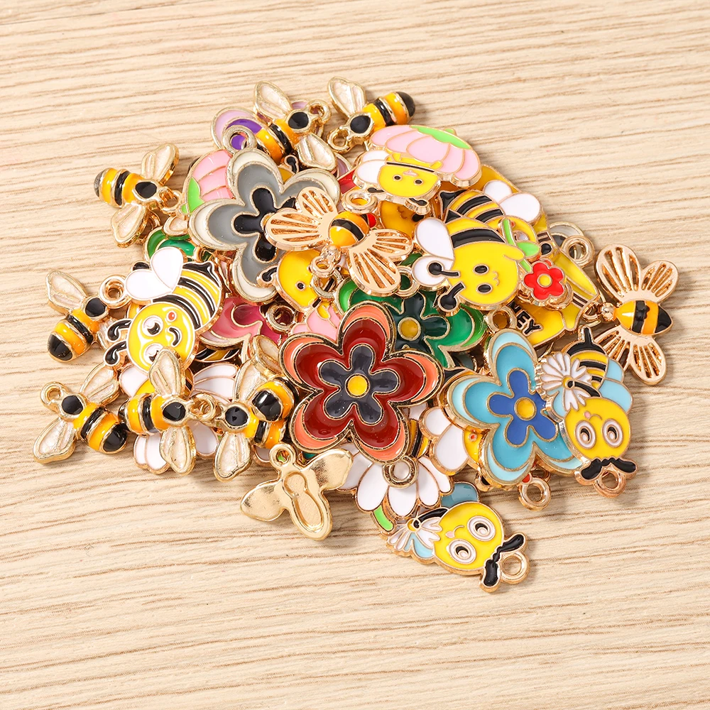 Tusember 10 Stück Emaille-Anhänger mit Cartoon-Blumen und Bienen, niedliche Honigbienen-Charms für Halsketten, Ohrringe, Armbänder, Schmuckherstellung, Basteln – Detail 4