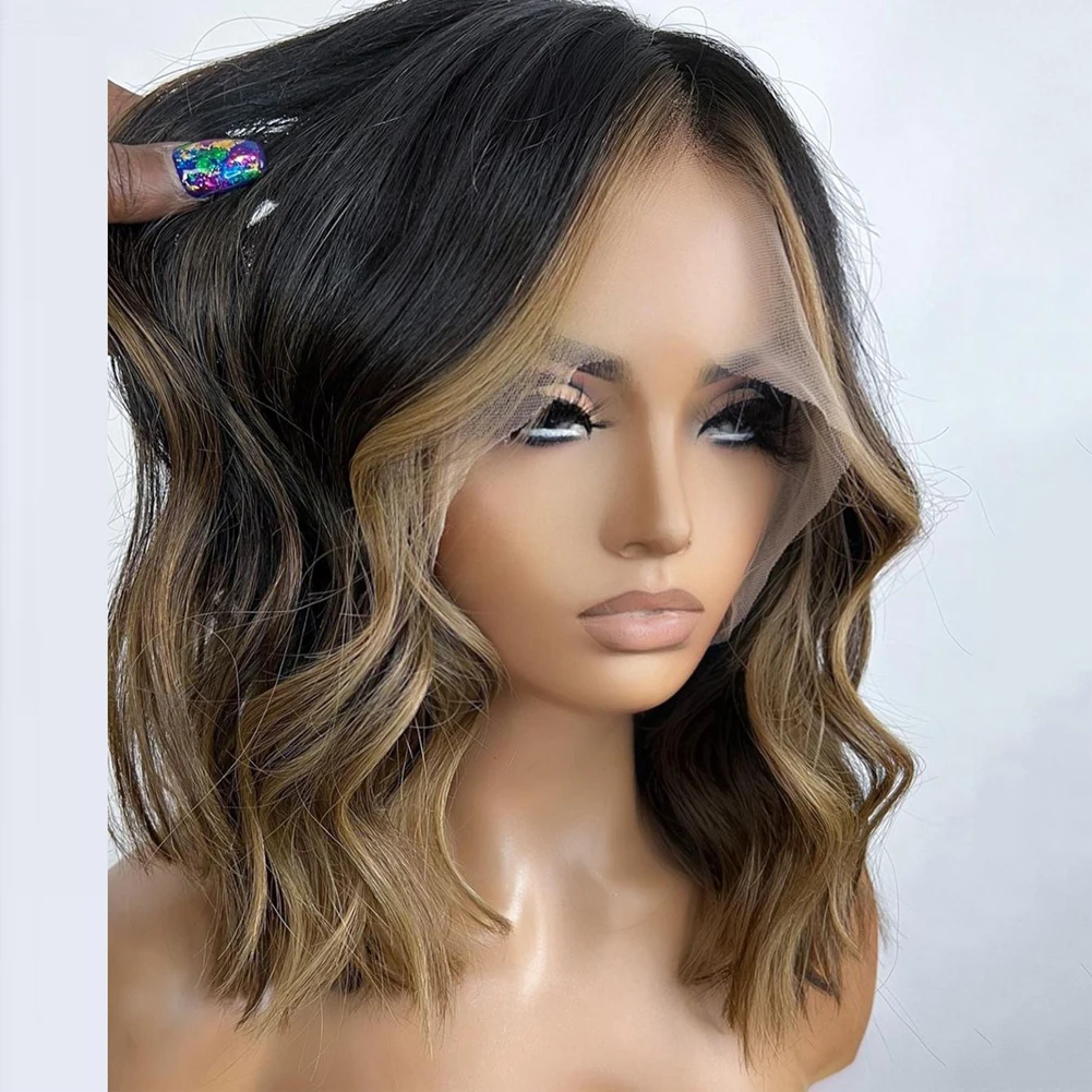 Short Bob Wig Brown Blonde Highlights Human Hair Lace Front Wig 13x4/13x6 Lace Frontal Wig Remy Hair Natural Wave Women Wigs150%