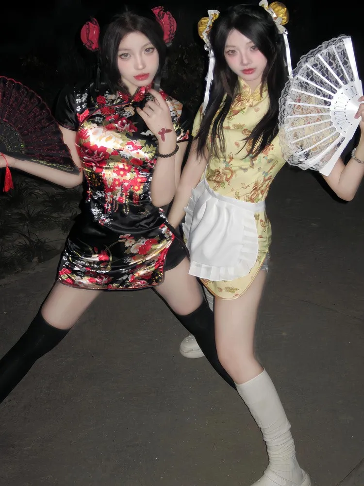 فستان تشيونغسام جديد بالطراز الصيني لحفلات الكريسماس وحفلات التنكر، طقم خادمة لوليتا، ملابس حفلات أنيقة بأكمام قصيرة وياقة مس...