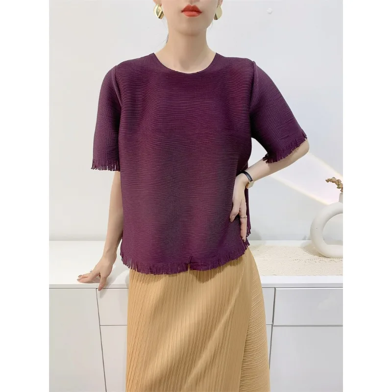 

Fringe Pleated Top Women's Summer T-shirt Pleated Loose and Comfortable Casual 5/4 Sleeve Loose Short Top Women Clothes