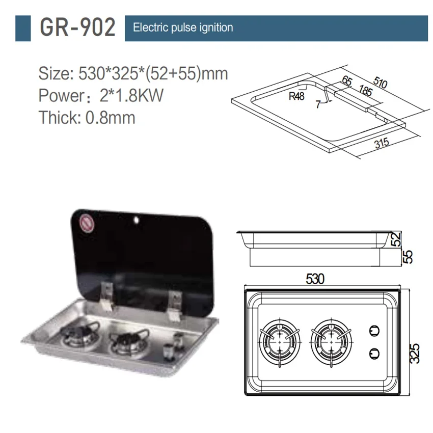 2 Burner Gas Stove Hob Glass Lid 2*1.8KW 530*325*(52+55)mm Boat Caravan GR-902