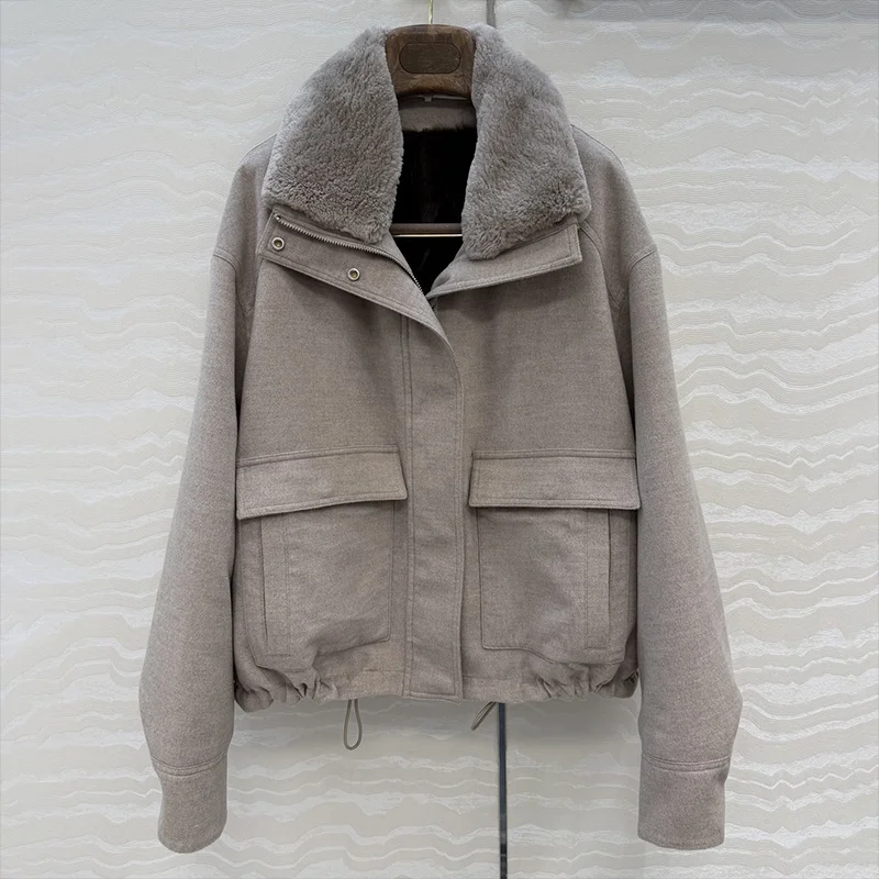 

High quality Removable fur collar women's mink fur lining cashmere coat - luxurious short style woman winter clothing 25121364