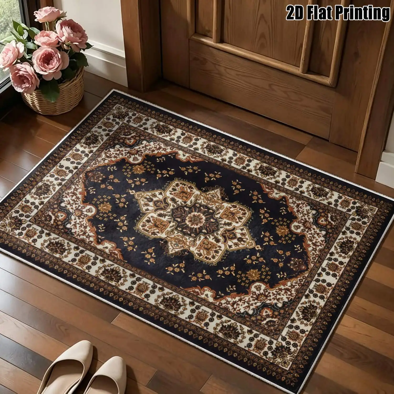 1Pc 2D Printed Velvet Carpet, Dark Brown Geometric Floral Pattern, European Retro Bohemian Style, Multi-Size, Machine Washable, for Home Decor, Multi-Scene Use