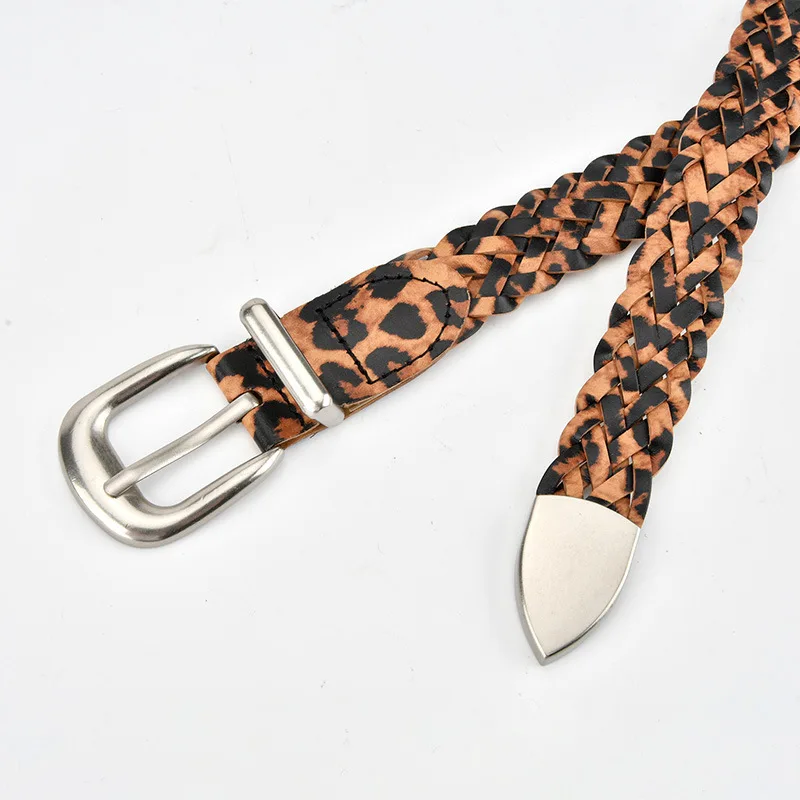 Boho Style Braided Belt for Women Vintage Leopard Print Handwoven Faux Leather Waistband with Alloy Buckle Metal Tip for Skirt