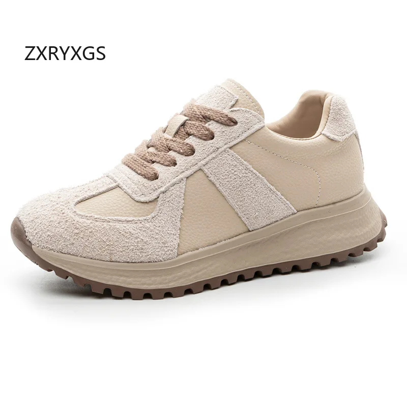 ZXRYXGS New Trendy Genuine Leather Spell Colors Women Shoes Casual Sneakers 2026 Autumn Lace-up Non-slip Flat Wedges Sneakers