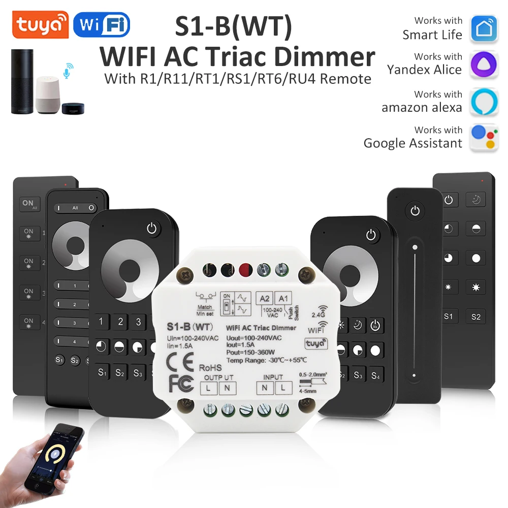 S1-B(WT) Tuya Smart 100-240V AC Triac Dimmer 220V Wifi Single Color LED Light Controller RF Wireless Remote Control Push Switch