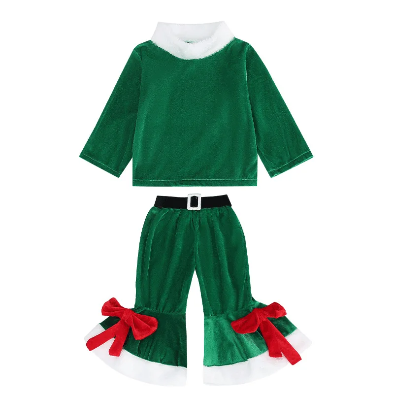 New Girls Christmas Cosplay Long Sleeve Bell Bottom Velvet Suit Carnival Party Santa Claus Costume 4 Piece 2-8 Years Old