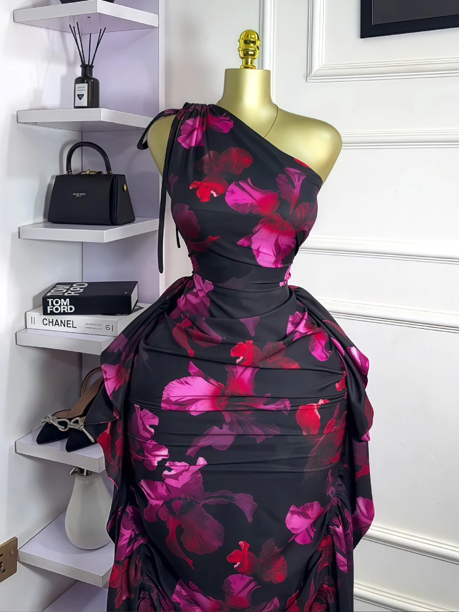 فساتين ZIML كلاسيكية مكشكشة مطبوعة للتخسيس للنساء بياقة مائلة بدون أكمام وخصر عالٍ فستان ربيعي أنيق موضة نسائية #2