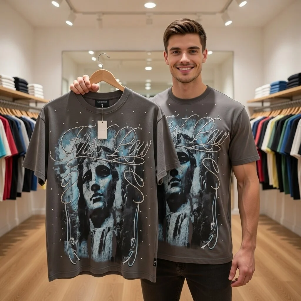 FIRST ROW TEE Oversized Graphic Print T-Shirt Rhinestone Embellished Statue Art Design Unisex Streetwear Casual Top