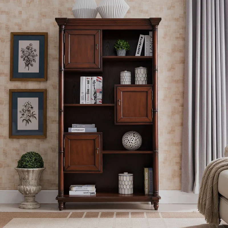 American bookshelf multi-layer cabinet walnut solid wood bookcase locker retro white old display cabinet wine cabinet