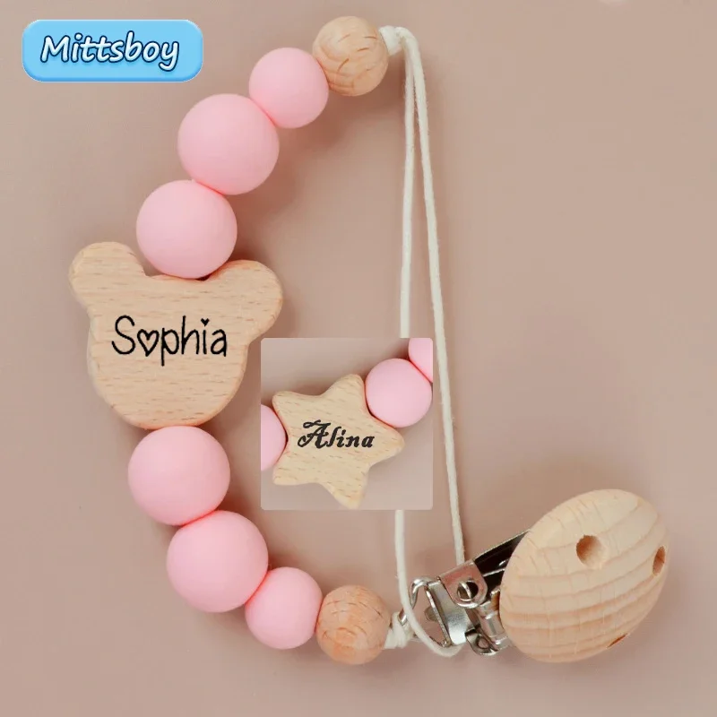 NEUE personalisierte Baby Schnuller Clip benutzerdefinierte Name Säugling Schnuller Clips Baby Souvenir Neugeborenen Geschenk Holz Baby liefert neue