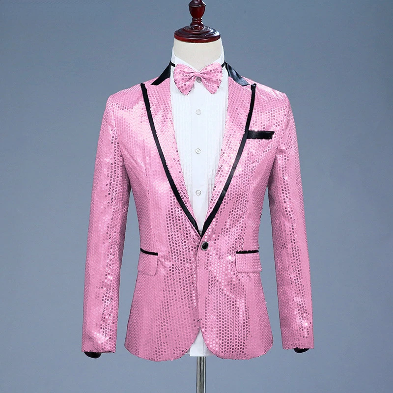 

Pink Sequin One Button Dress Blazers Brand New Nightclub Prom Men Suit Jacket Wedding Stage Singer Costume (Bowtie Include)