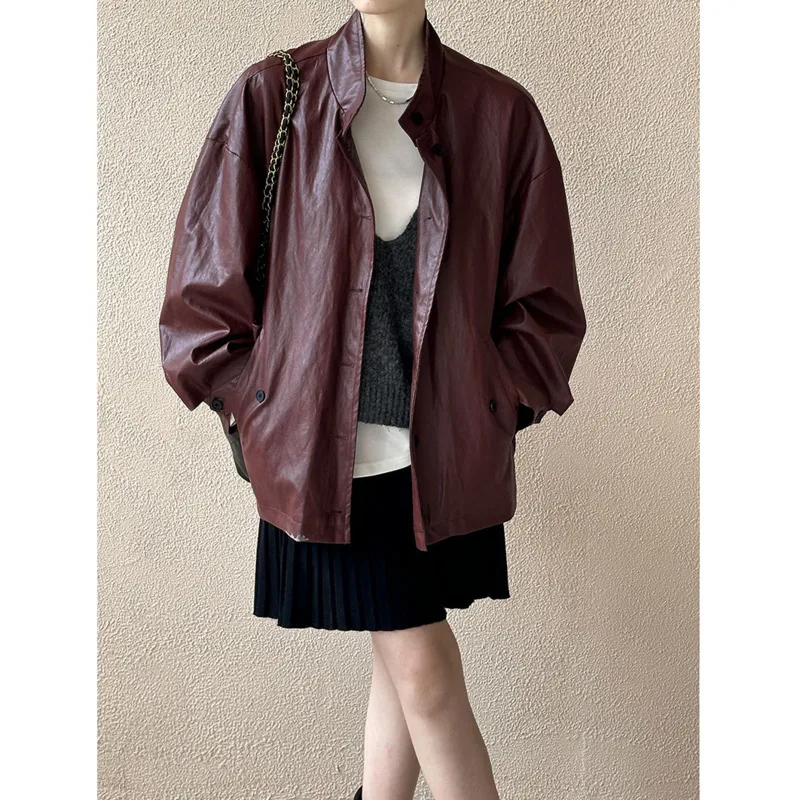 Chaqueta de cuero Pu con cuello levantado para mujer, abrigo suelto de imitación de cuero, abrigos rojos Vintage de una sola botonadura