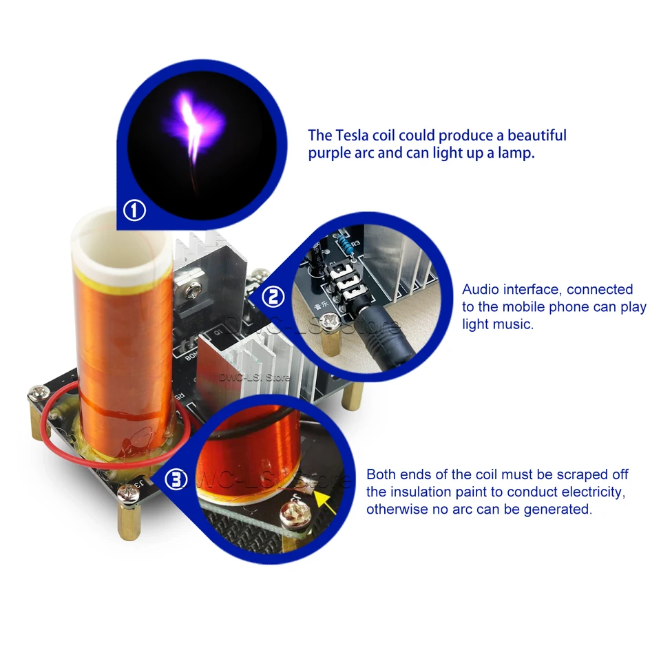 Kit DIY De Altavoz De Plasma Con Bobina Tesla – Modelo De Transmisión Musical Inalámbrica, Educativo STEM Con Fuente De 24V Y 3 Agujas De Descarga