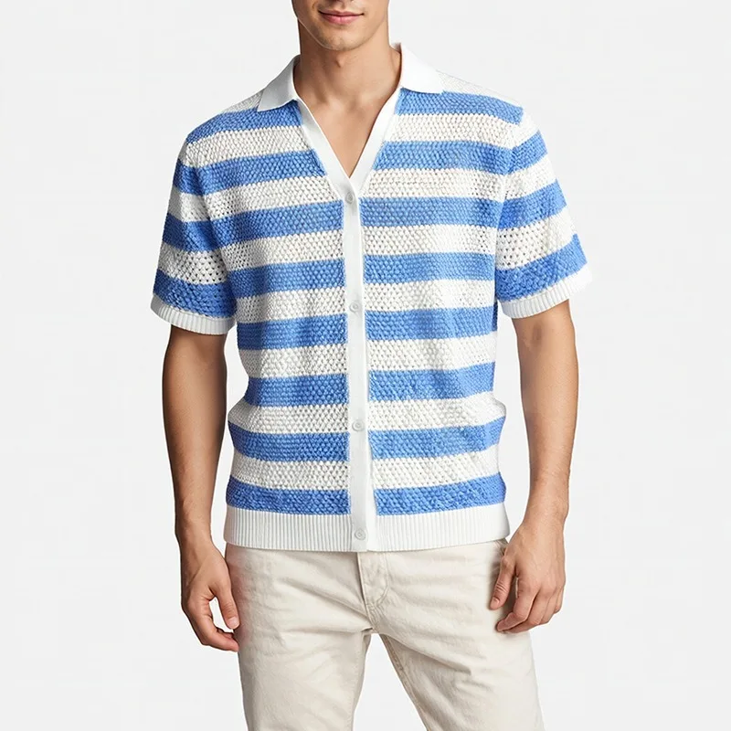 

KEXU Retro Contrasting Hollow Knitted Short Sleeved Shirt for Men's Summer Trendy Brand Lazy Casual Versatile Shirt